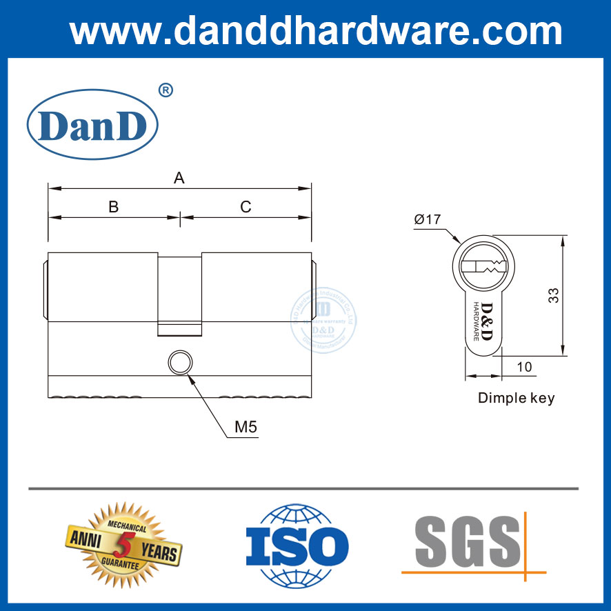 高安全性Sollid黄铜双锁门缸，带五个键DDLC023