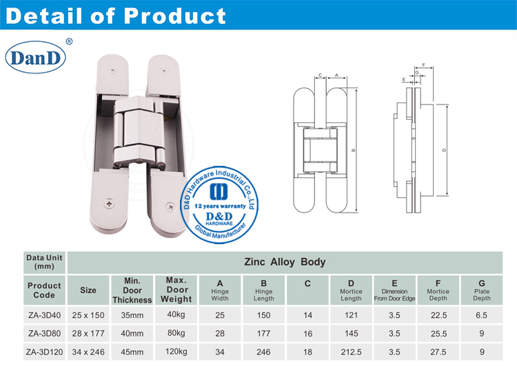 重型隐藏门铰链D和D硬件80kg