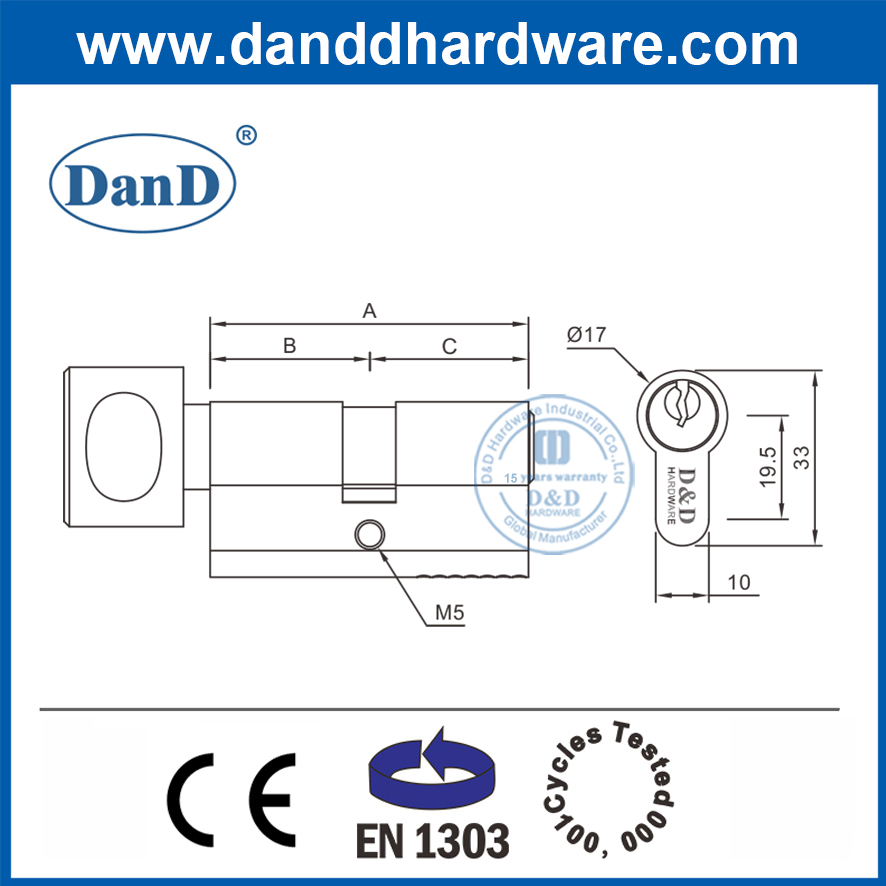EN1303欧元轮廓弯曲锁缸实心黄铜门锁缸 - ddlc001-70mm-sn