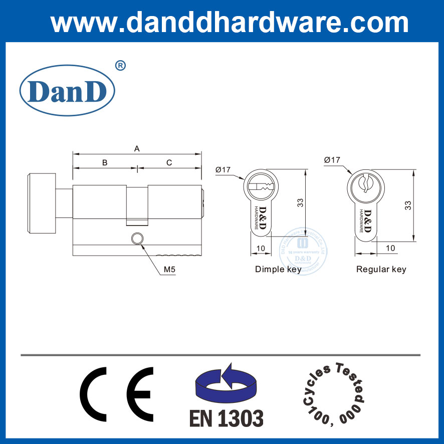 EN1303高安全性欧元轮廓侧旋钮一侧钥匙锁缸DDLC004-70mm-SB