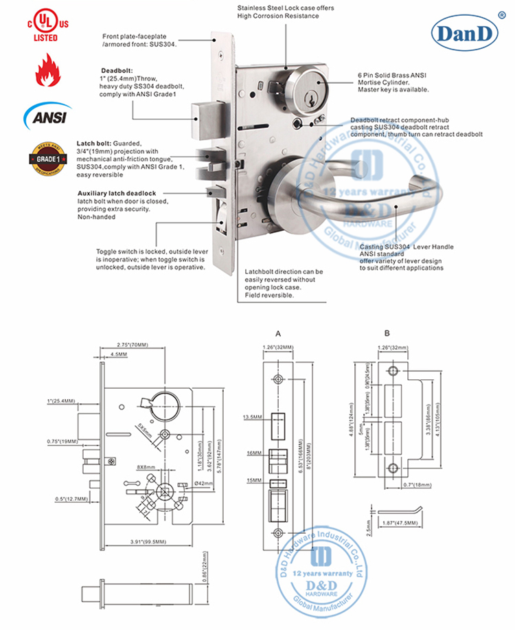 ANSI Mortice Door Lock-D和D硬件