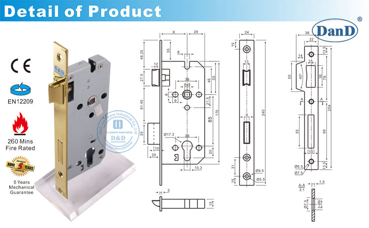 抛光的黄铜门锁定DDML026