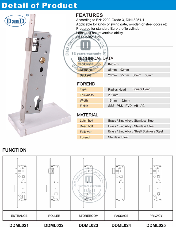 不锈钢欧元窄楼梯锁-D和D硬件